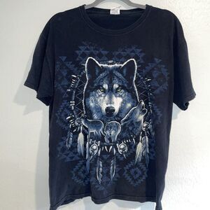 Vintage Y2K Wolf Print‎ Graphic Tee Black Size Large